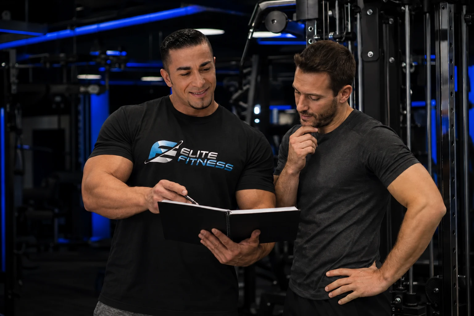 Illustrative Elite Fitness training scene with branded team clothing