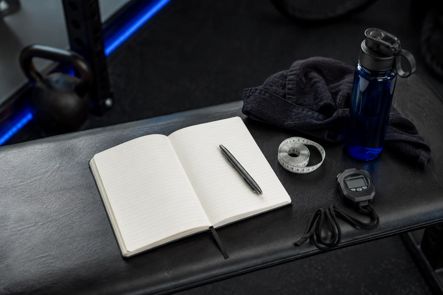 Training journal, measuring tape, stopwatch, and gym essentials